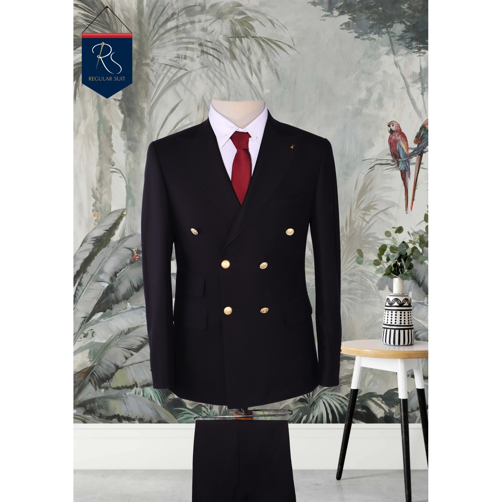 Black Double Breasted Two Piece Men's Suit