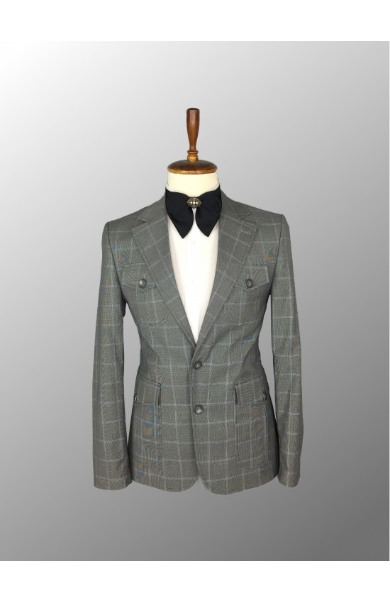 Patched Pocket Gray Plaid Suit